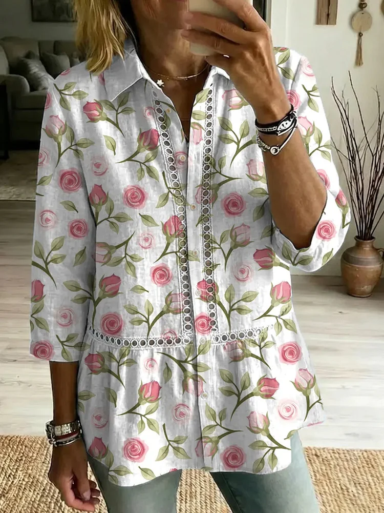Women's Retro Floral Art Print Casual Lapel Cotton Shirt