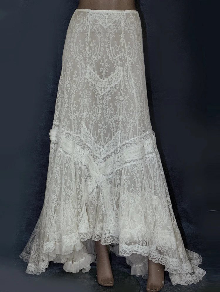 Elegant Guipure Lace Ruffle Trim Asymmetric Hem Maxi Skirt