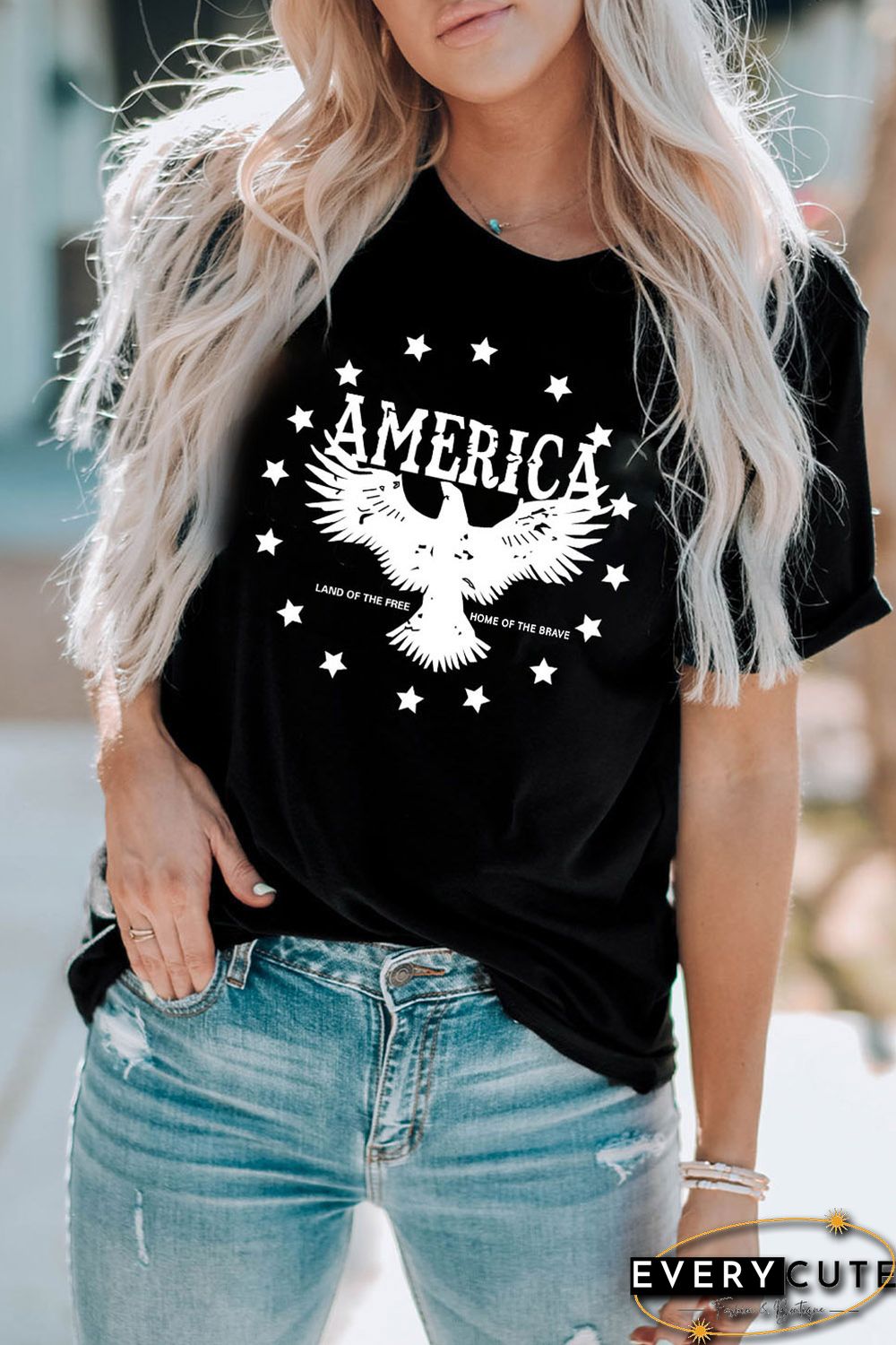 Black AMERICA Eagle Star Graphic Print Short Sleeve T Shirt