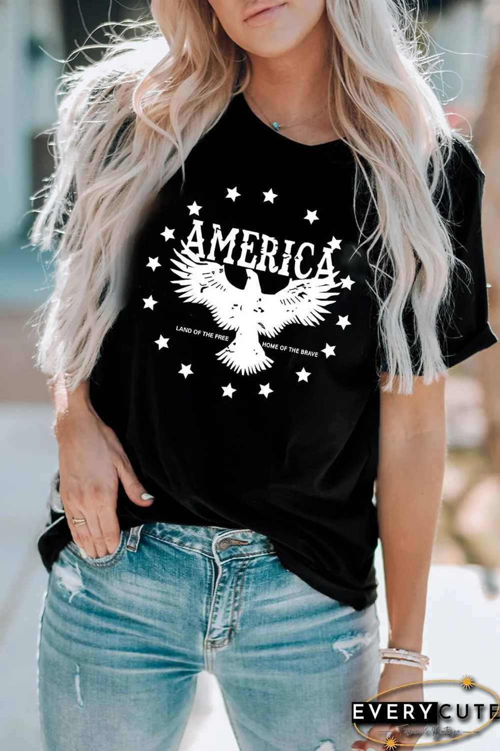 Black AMERICA Eagle Star Graphic Print Short Sleeve T Shirt