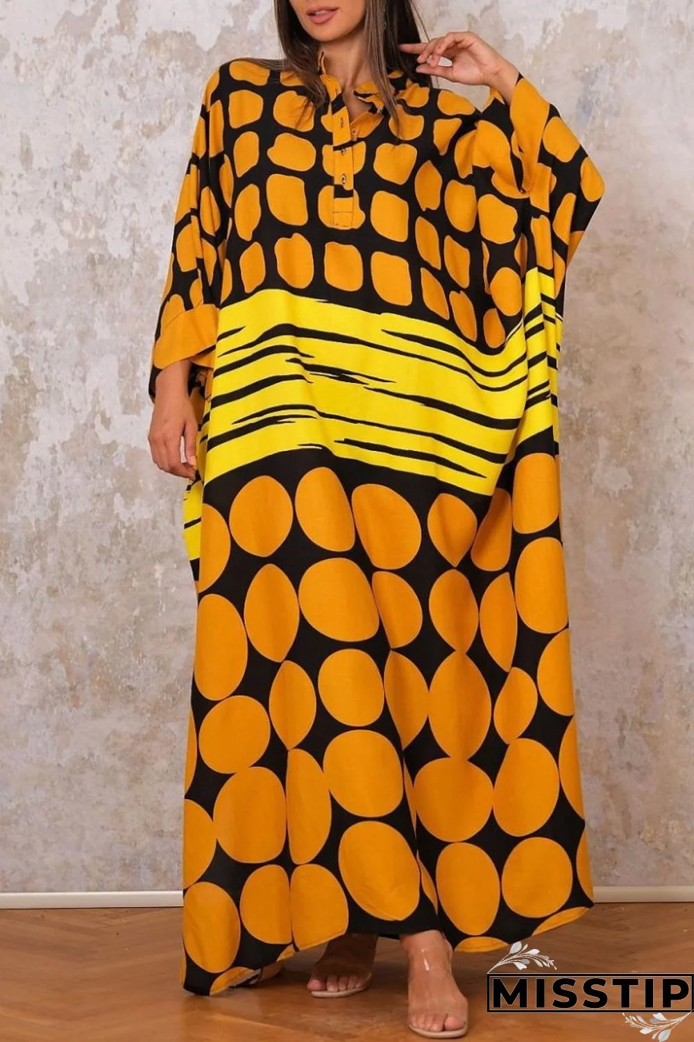 Yellow Casual Print Patchwork O Neck Long Dress Dresses