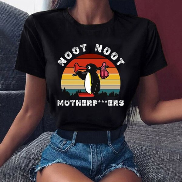 Noot Noot Motherf*ers Print T-shrits For Women Summer Short Sleeve Round Neck Cute Loose T-shirt Creative Personalized Tops - Shop Trendy Women's Clothing | LoverChic