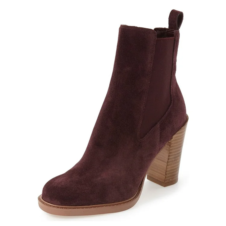 Maroon Women's Booties Stacked Heel Chelsea Boots with Pull Tab |FSJ Shoes