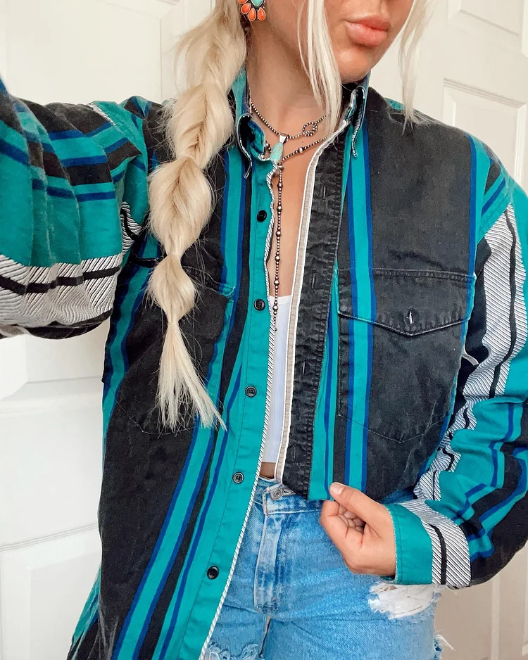Western Blue&Green&Black Stripes Print Long Sleeve Shirt