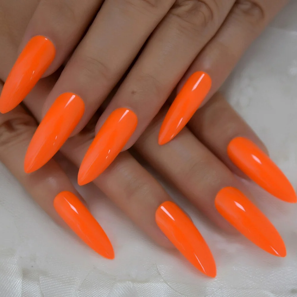 Hot Neon Orange Long Coffin Nails Amazing Glossy gel Polish Cover Extra Long Ballerina Fake Nails 24 Ct-Nail Inspo