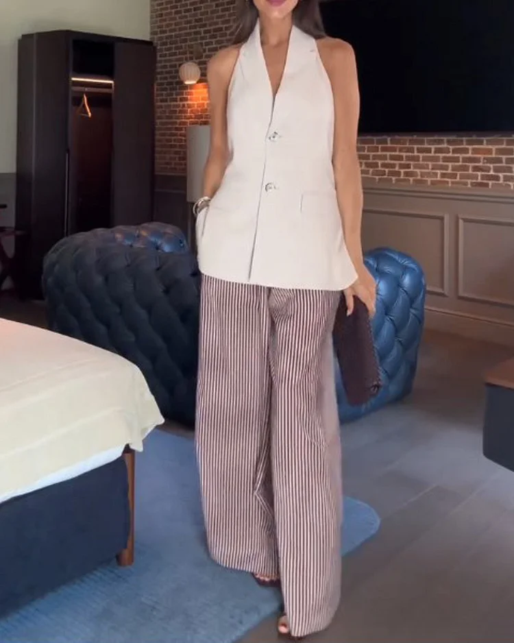 Lapel sleeveless striped trousers two-piece suit
