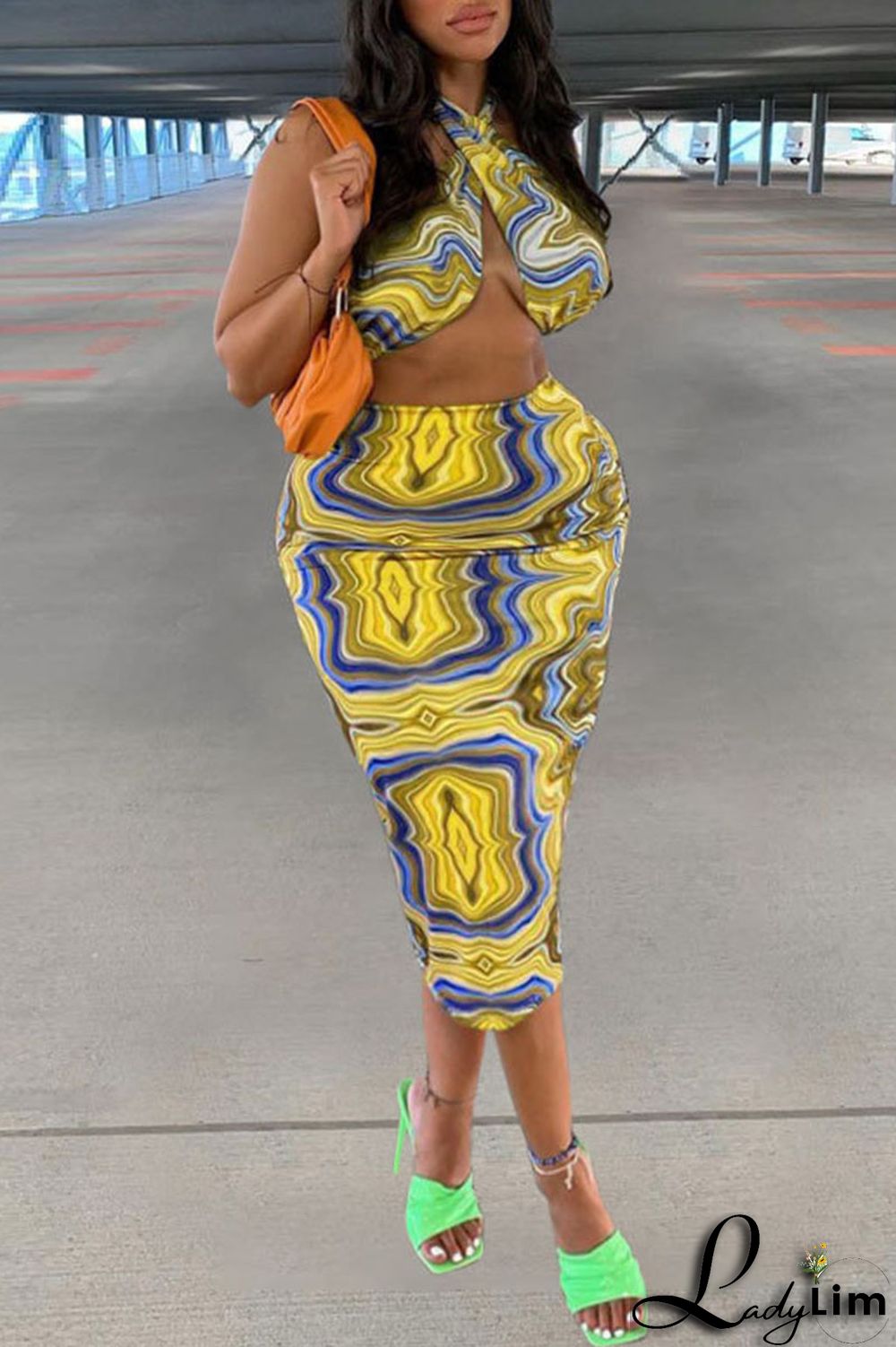 Royal Blue Sexy Print Patchwork Halter Plus Size Two Pieces