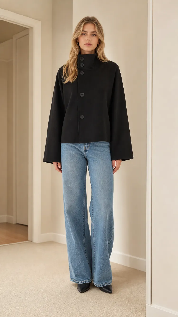 Women's High Neck Cropped Wool-Blend Jacket with Wide Sleeves