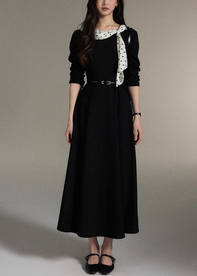 Elegant Black Bow Pockets Wool Long Dress Fall