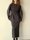 Knitted Long Sleeve Ruffled Top&Skirt Solid Color Urban Suit