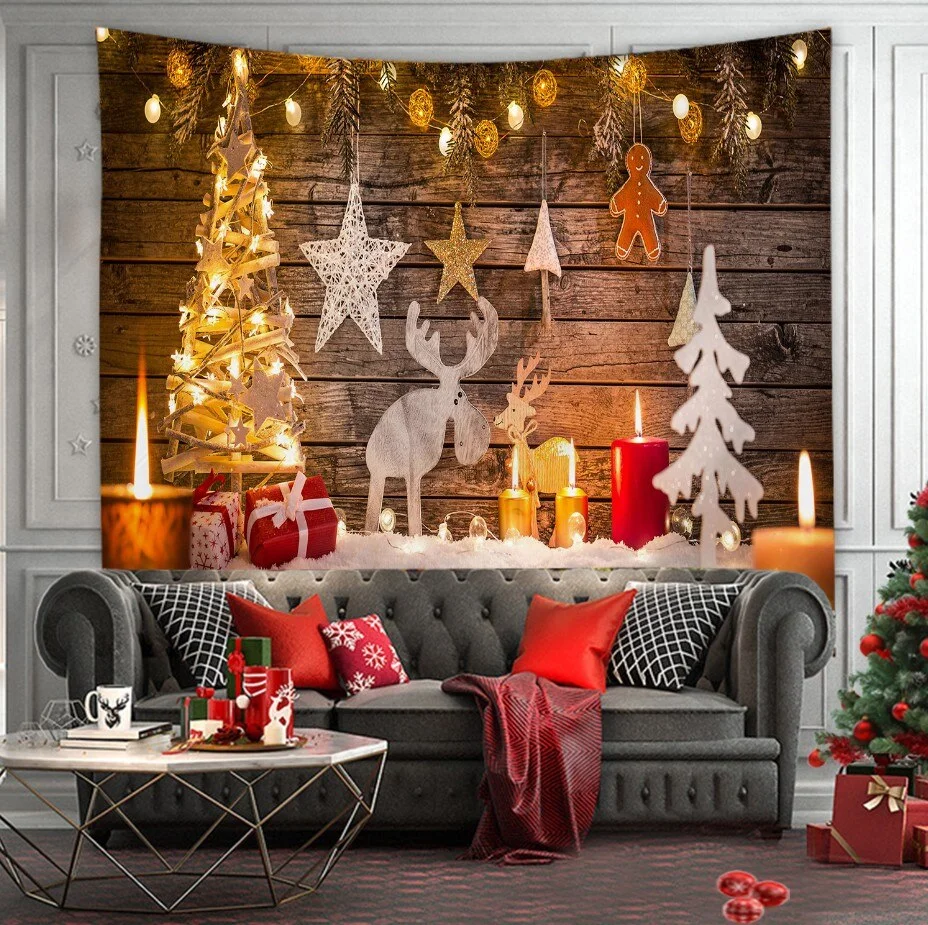 Christmas Tree Print Tapestry Wall Hanging Background Cloth Decor Red Santa Claus Polyester Tapestry Home Room Wall Decoration