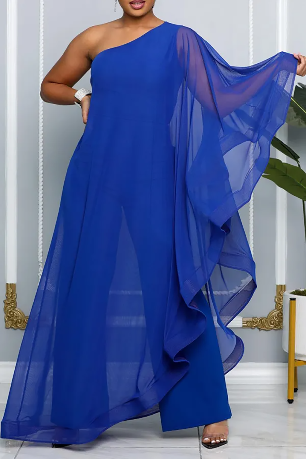 Plus Size Casual Pant Set Royal Blue Solid Chiffon One Shoulder Asymmetrical Two Piece Pant Set