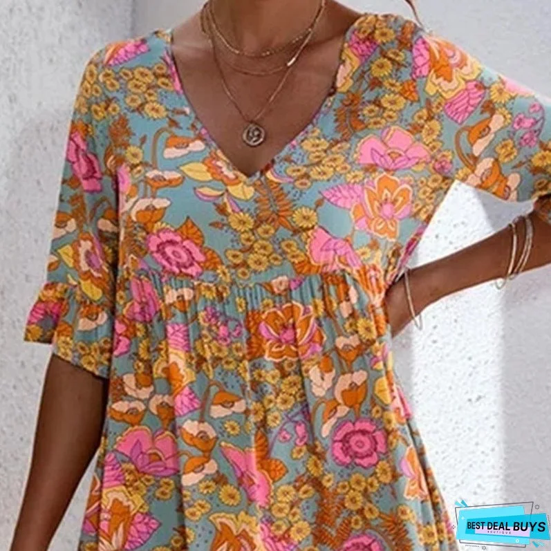 Spring/Summer Ruffled Mid Sleeve Printed Women's Dress with Loose Pleated Dress