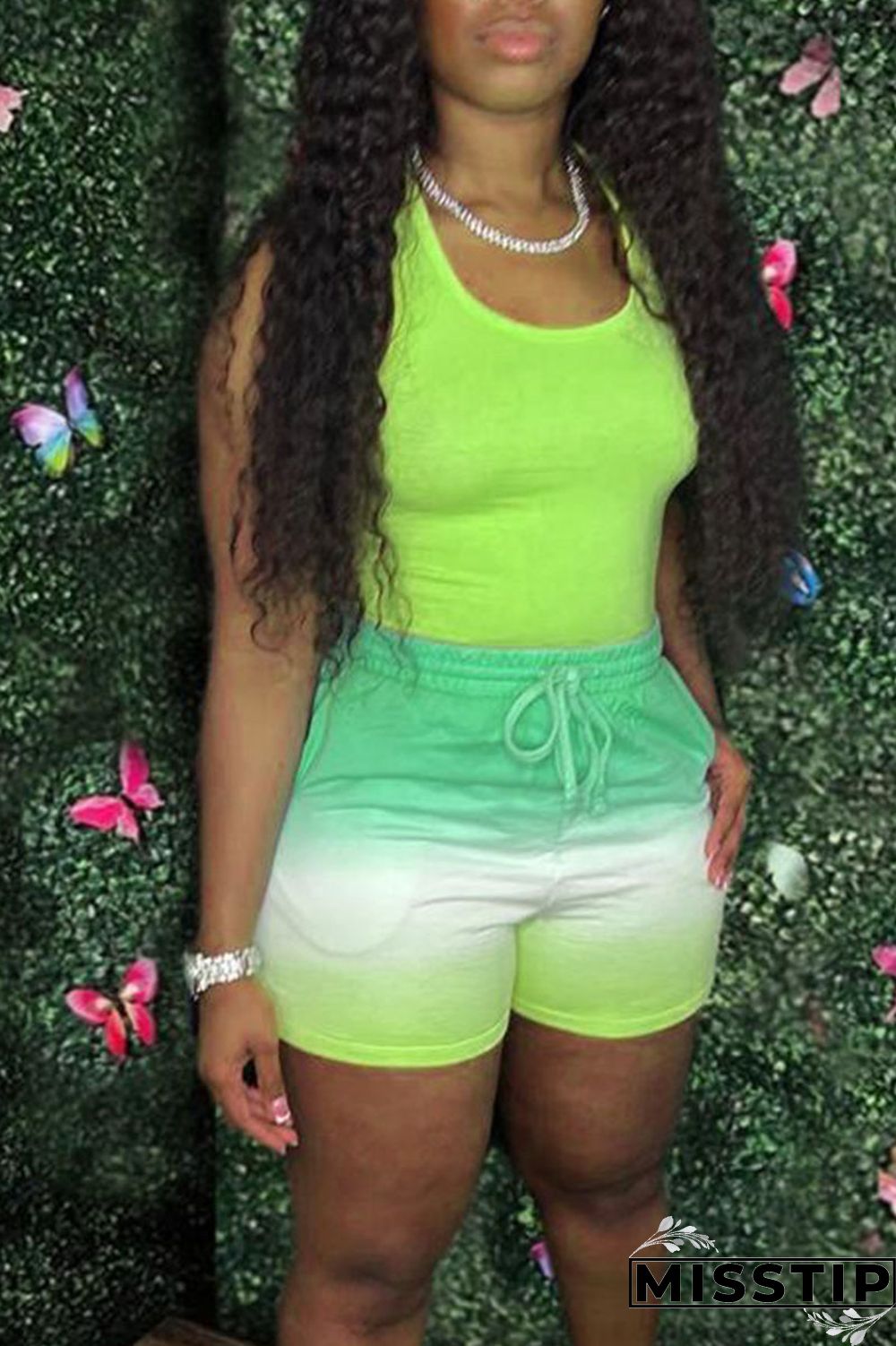 Fluorescent Green Casual Gradual Change Print Patchwork U Neck Sleeveless Two Pieces