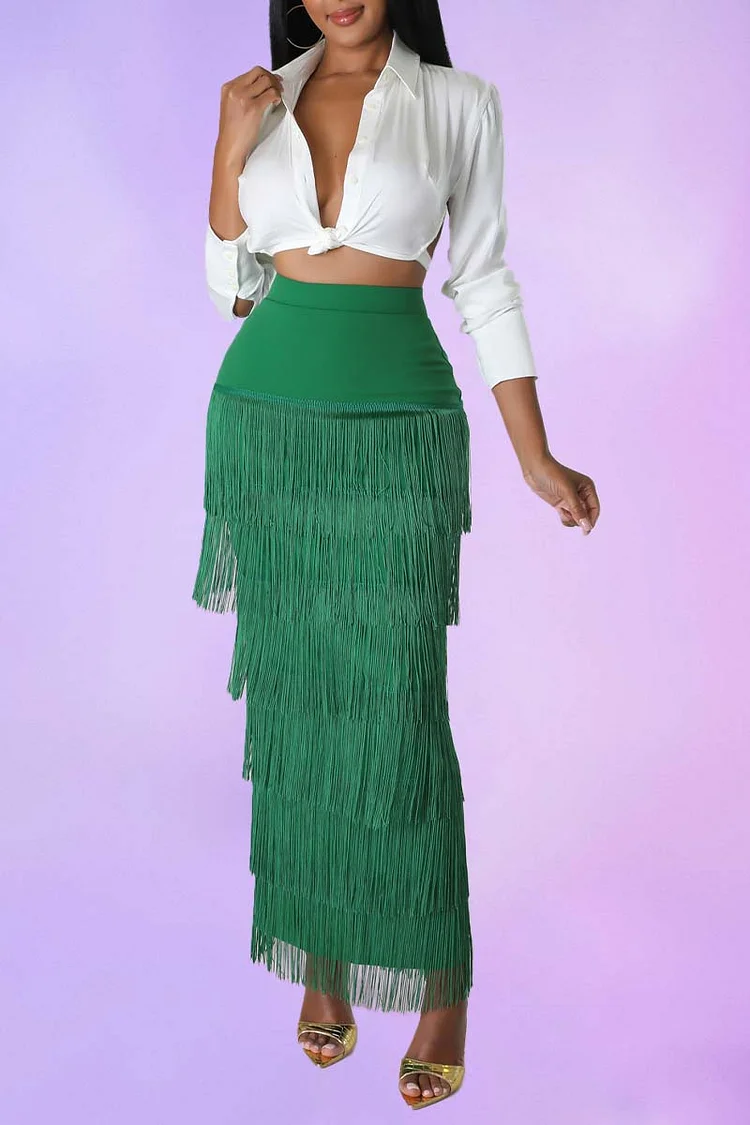 Layered Fringe High Waisted Plain Midi Skirt [Pre Order]