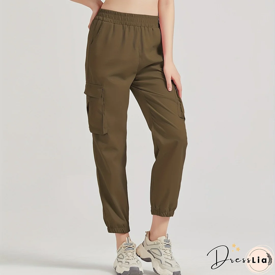 Solid Color Casual Joggers Sweatpant, Cargo Loose High Waisted Pants With Pockets, Women's Athleisure