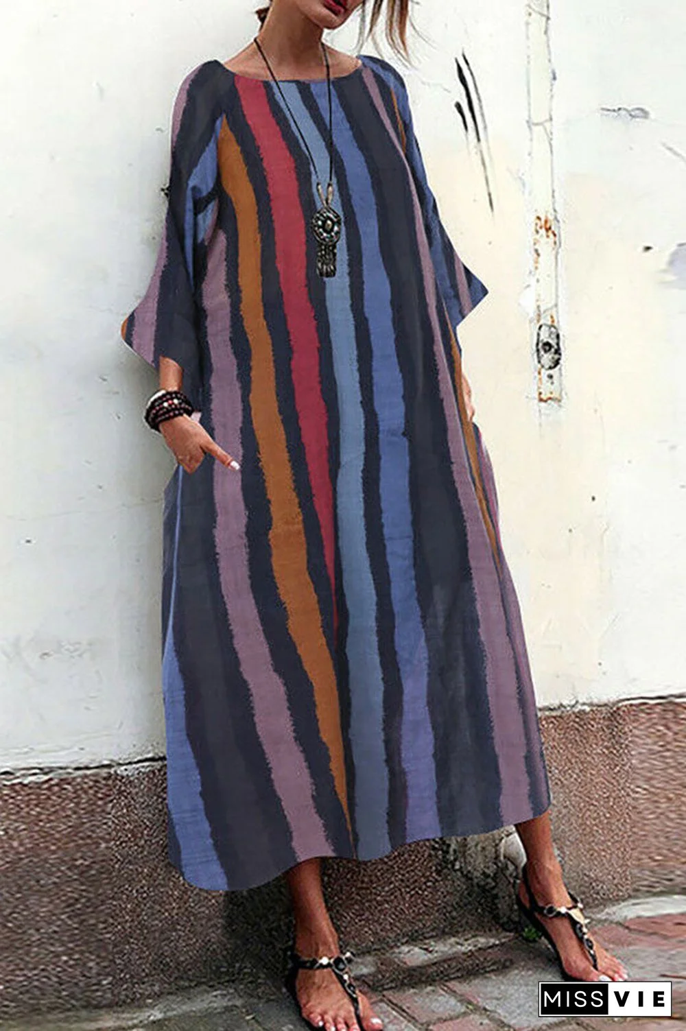 Vintage Striped Pockets Maxi Dress