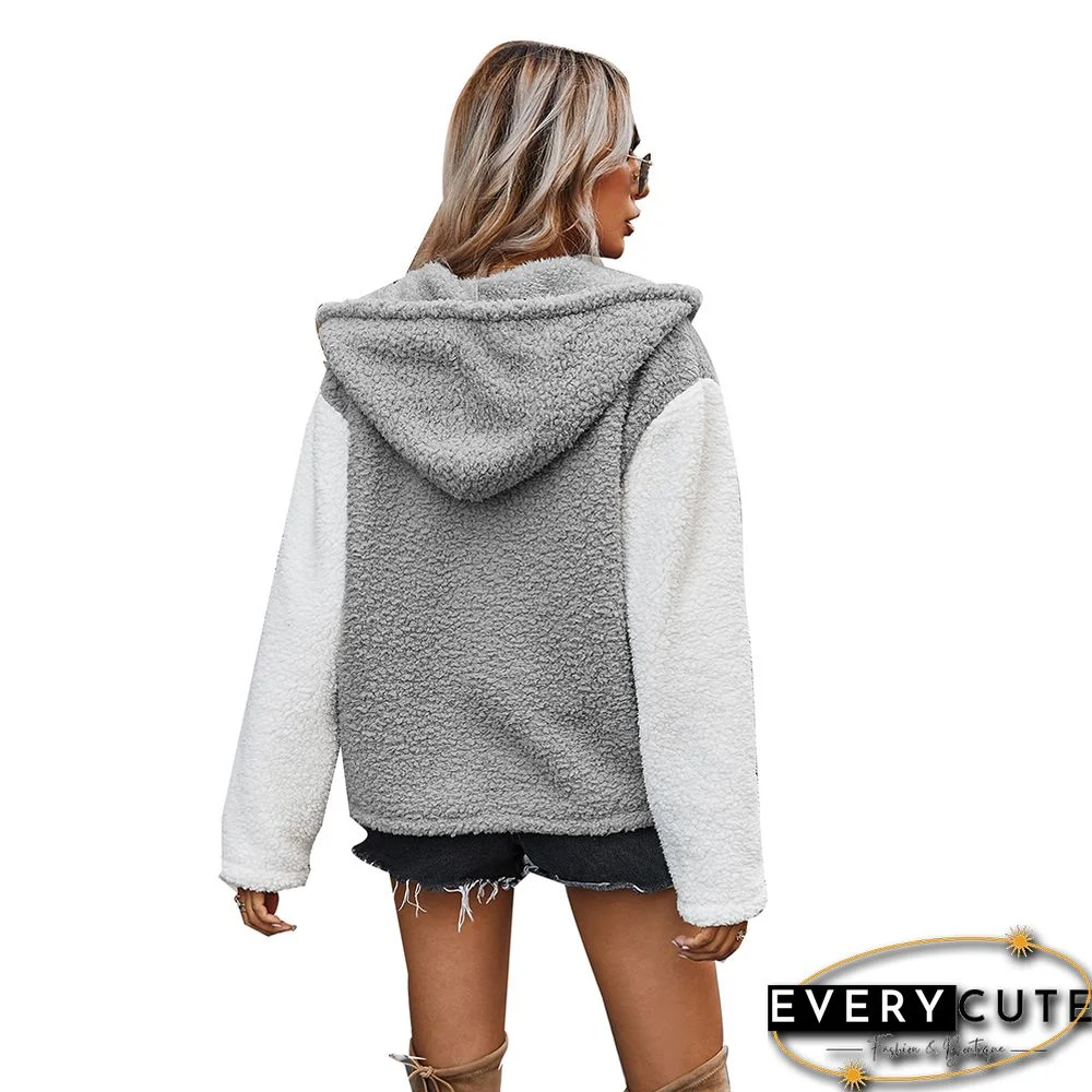 Gray Splice White Fleece Hooded Coat