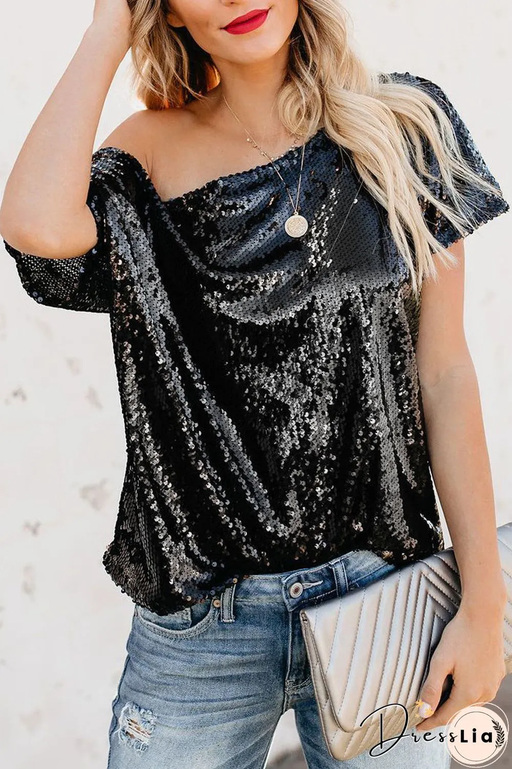 Sequined Skew Neck Short Sleeve T-Shirt