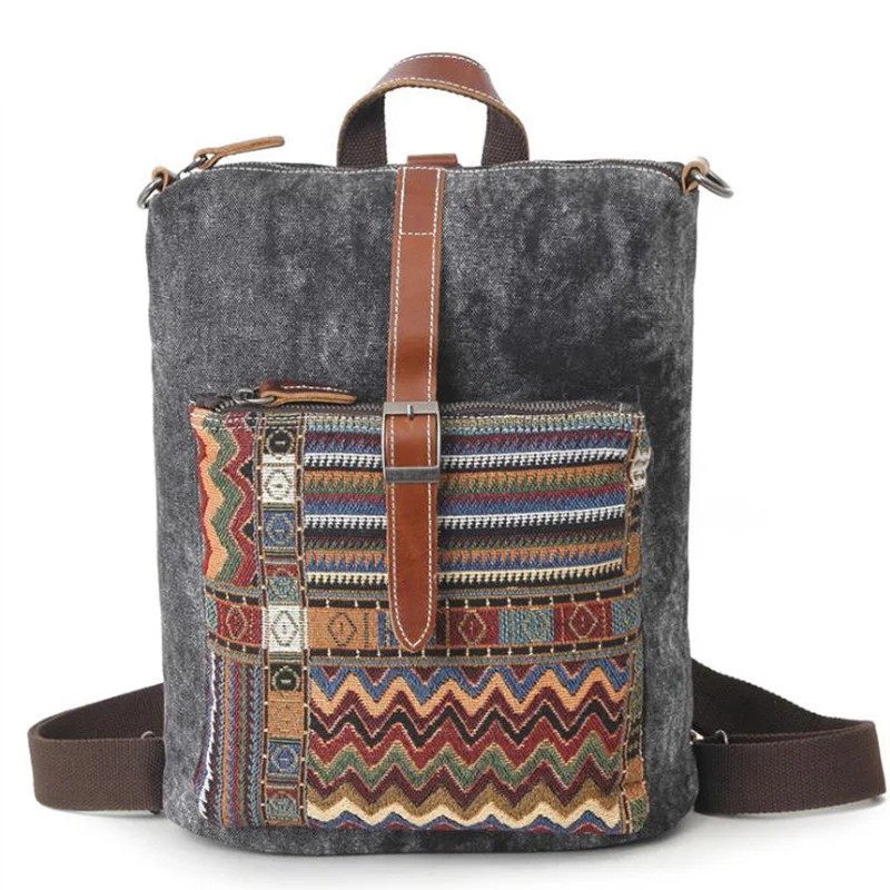 Ethnic Style Waterproof Canvas Top Layer Leather Backpack