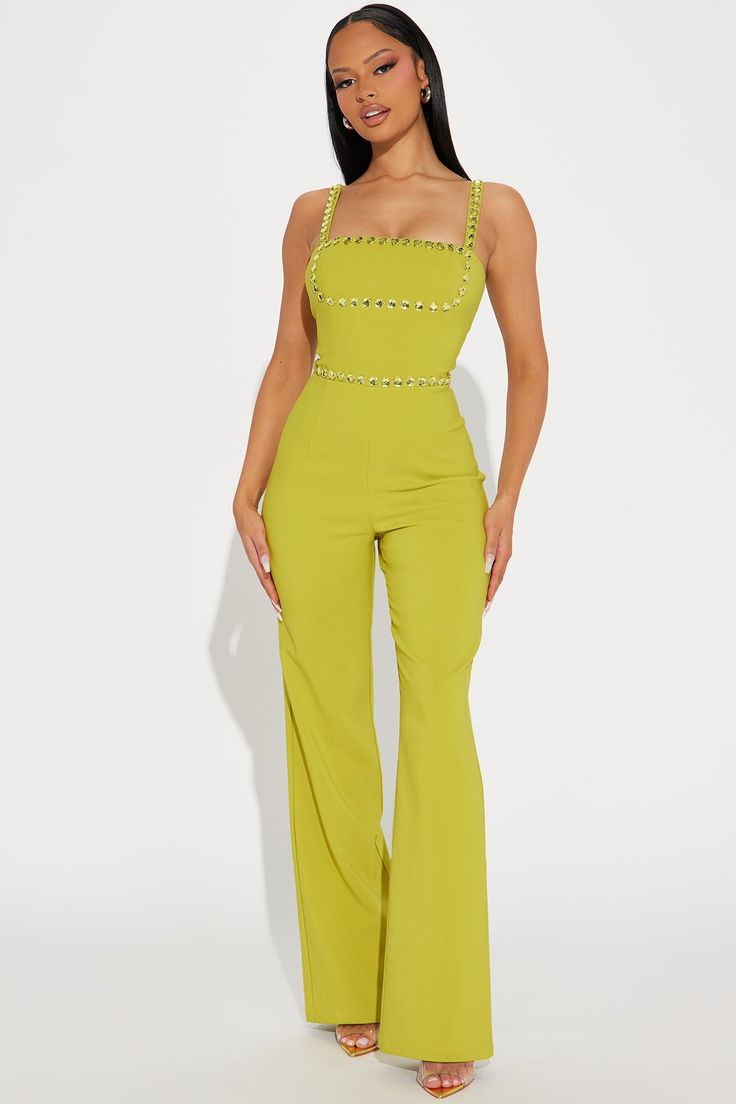 Oknass Exquisite Yellow Spaghetti Strap Sleeveless High Waist Long Jumpsuit with Beadings
