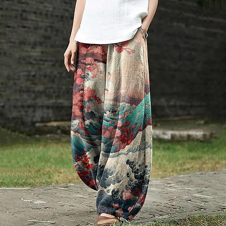 Comstylish Casual Floral Sea Wave Japanese Art Print Pocket Loose Pants