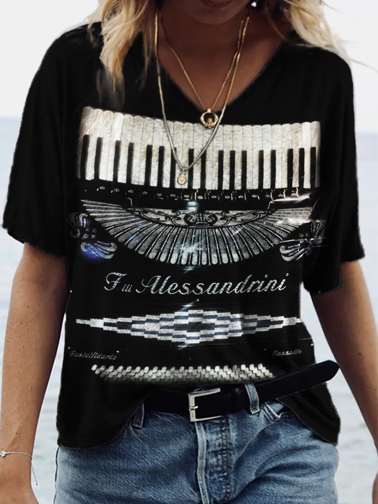 Vintage Accordion Glitter V Neck T Shirt