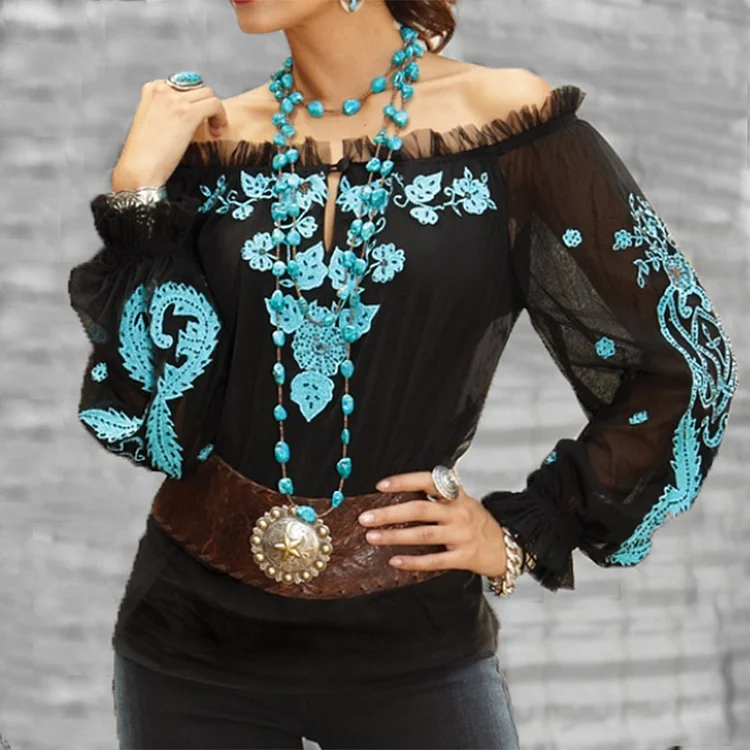 Boho Floral Pattern Off Shoulder Ruffled Long Sleeve Blouse