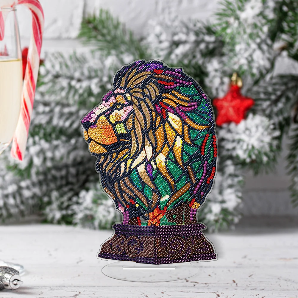 DIY Lion Acrylic Single-Sided Diamond Painting Desktop Decoration with Light for Office Desktop Decor