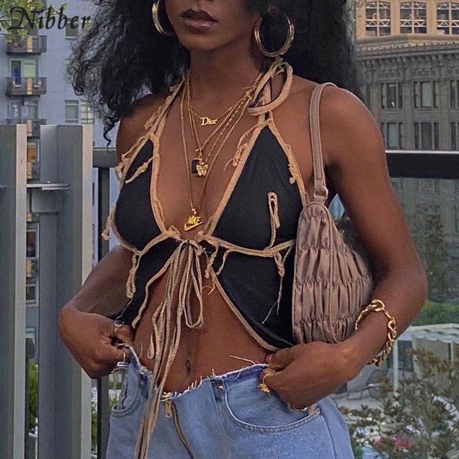 Nibber sexy black mesh low cut crop tops camisole women club party night wear goddess Patchwork design pleated tank tops female