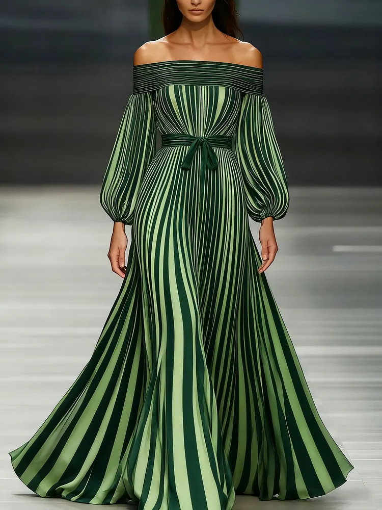 Women's off-the-shoulder long-sleeved green chiffon dress