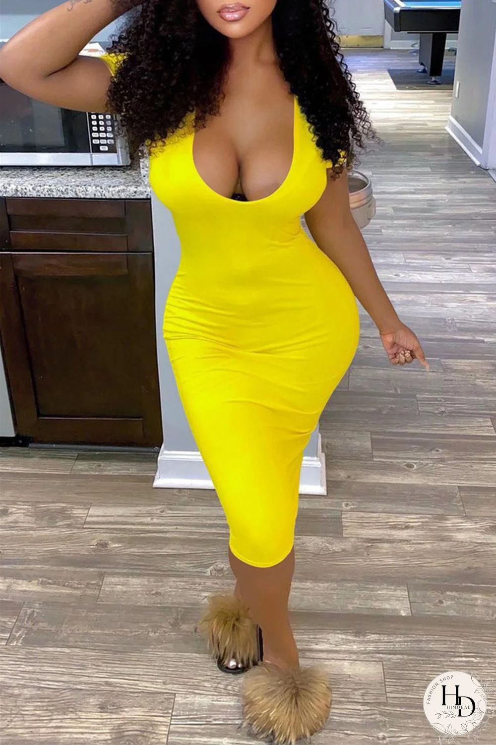 Yellow Fashion Sexy Solid Basic V Neck Short Sleeve Dress