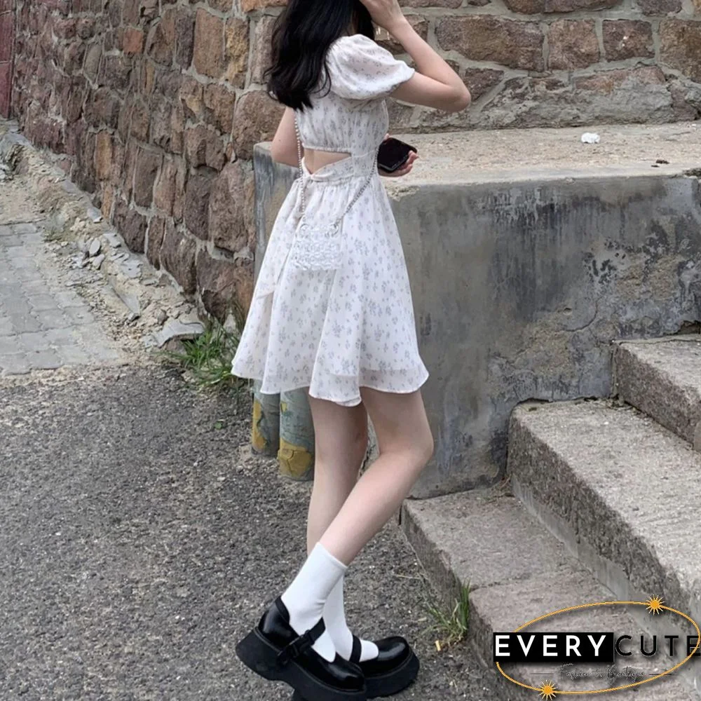 Dresses Women Puff Sleeve Holiday Sundress Hollow Out Floral Design Korean Style College Lovely Simple Trendy Summer Vestidoes