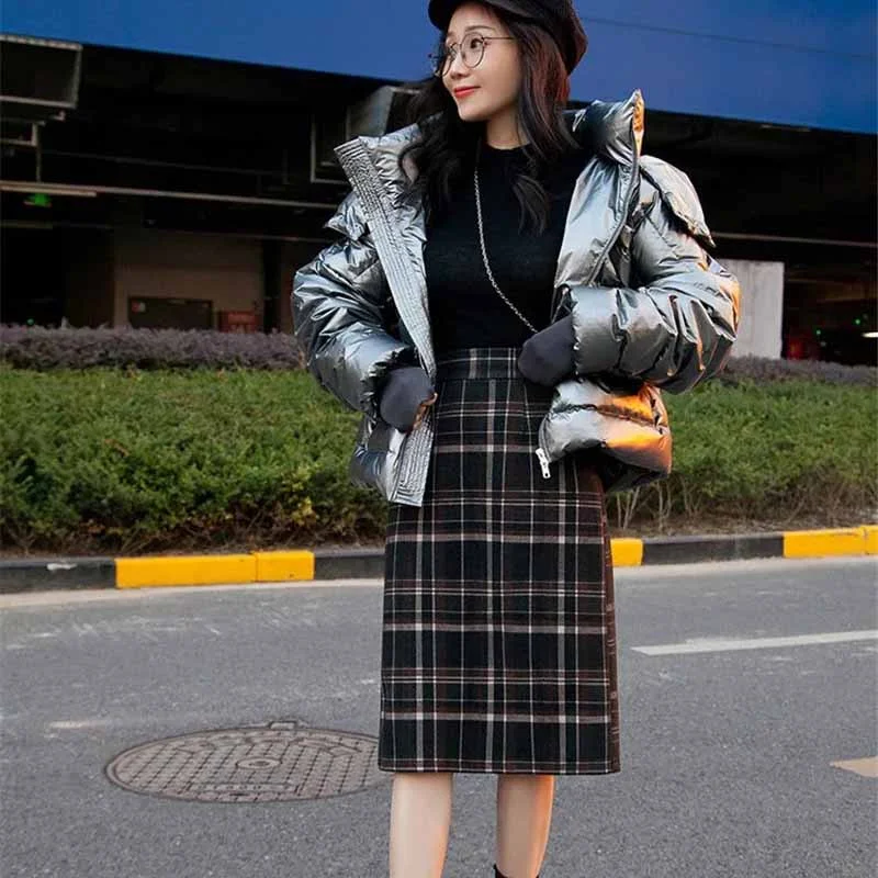 NEW 2020 Real Shot Woolen Cloth Plaid Skirt Women Autumn Winter Vintage High Waist Hem Split Slim Long Package Hip Skirts KW334