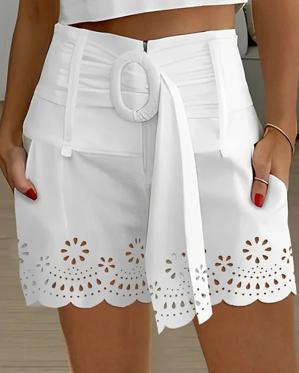 Women's Solid Lace Hollow Out Casual Shorts with Belts