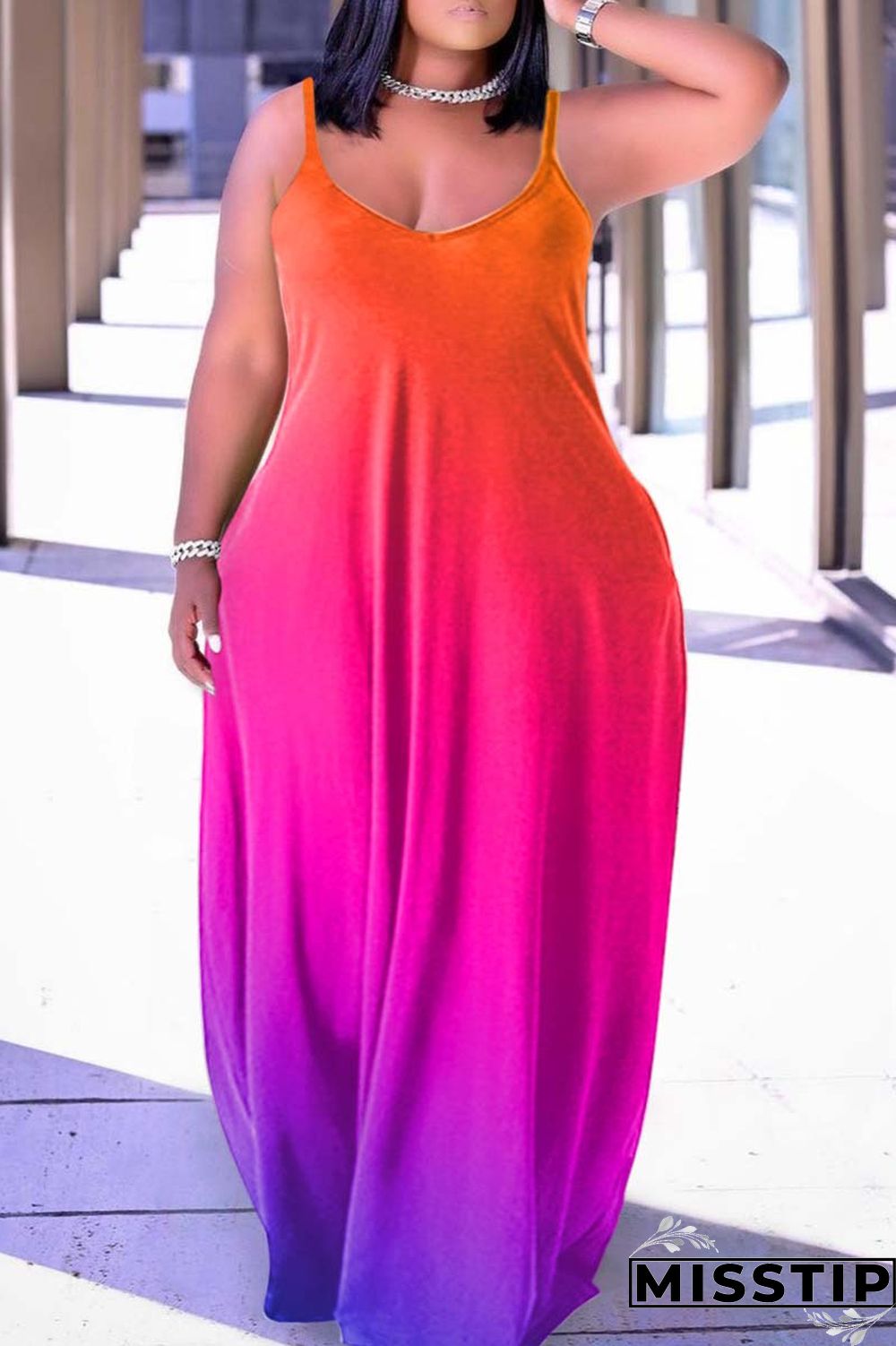 Orange Sexy Casual Print Backless Spaghetti Strap Long Dress Dresses