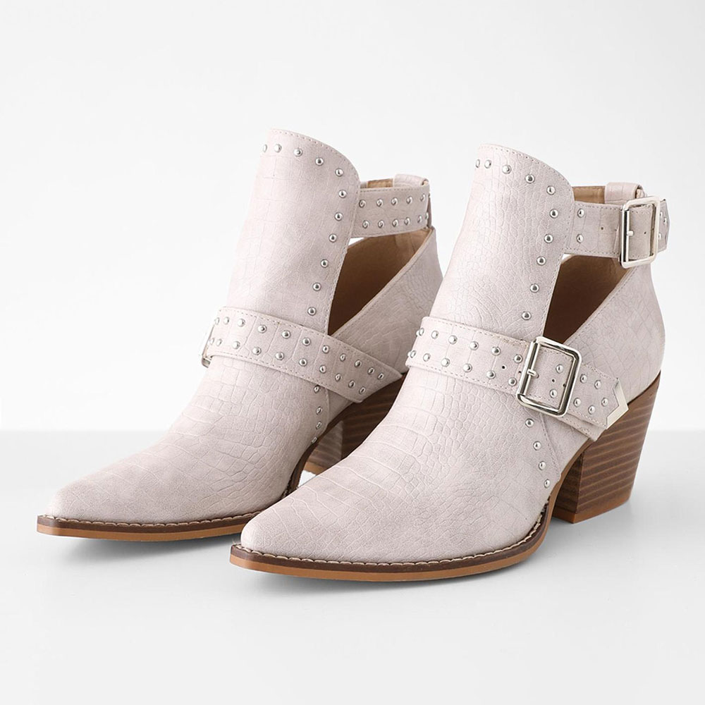 Grey Pointed Toe Block Heel Cut-Out Studded Ankle Boots for Women Nicepairs