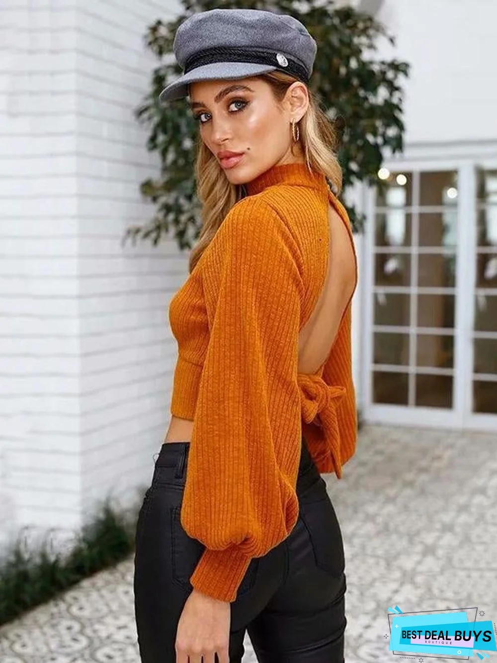 Hollow Backless Bowknot Puff Sleeves Sweater Tops