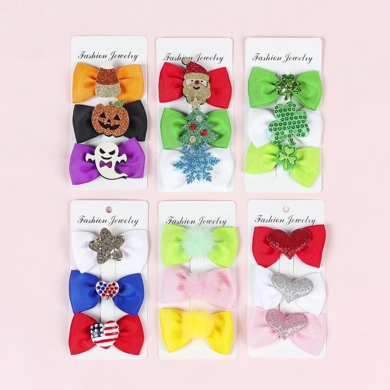 Halloween Christmas Independence Day Ethnic Style Kid’S Halloween Pattern Santa Claus American Flag Sequins Knitting Bowknot Hair Clip