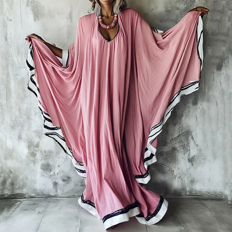 Nomad Spirit Ladies' Summer Pink Line Art Sapphire Breeze Linen V-neck Long Kaftan Dress