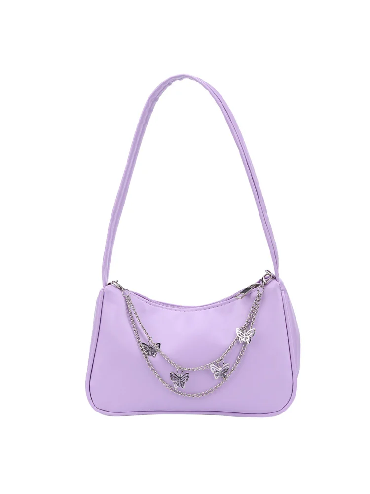 Fashion Women PU Underarm Bag Butterfly Chain Zipper Small Handbag (Purple)