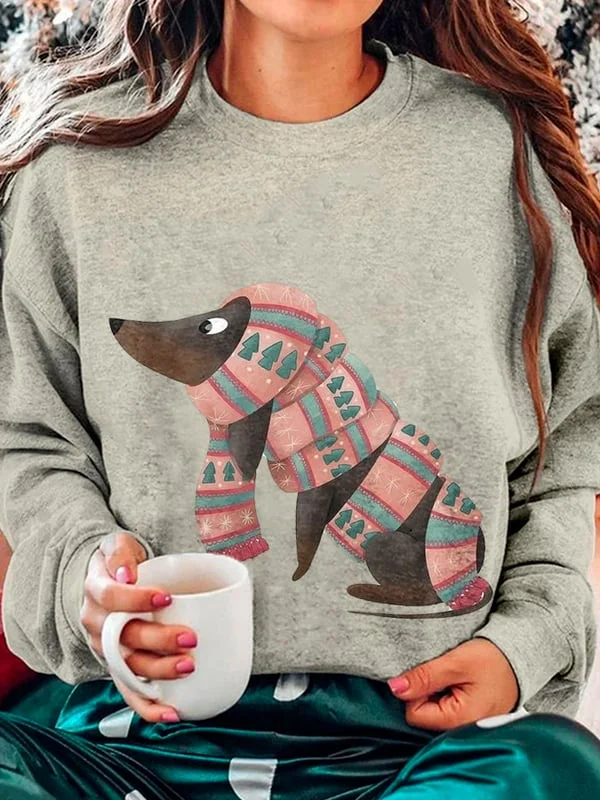 Women'S Winter Art Dog Print Crew Neck Casual Sweatshirt