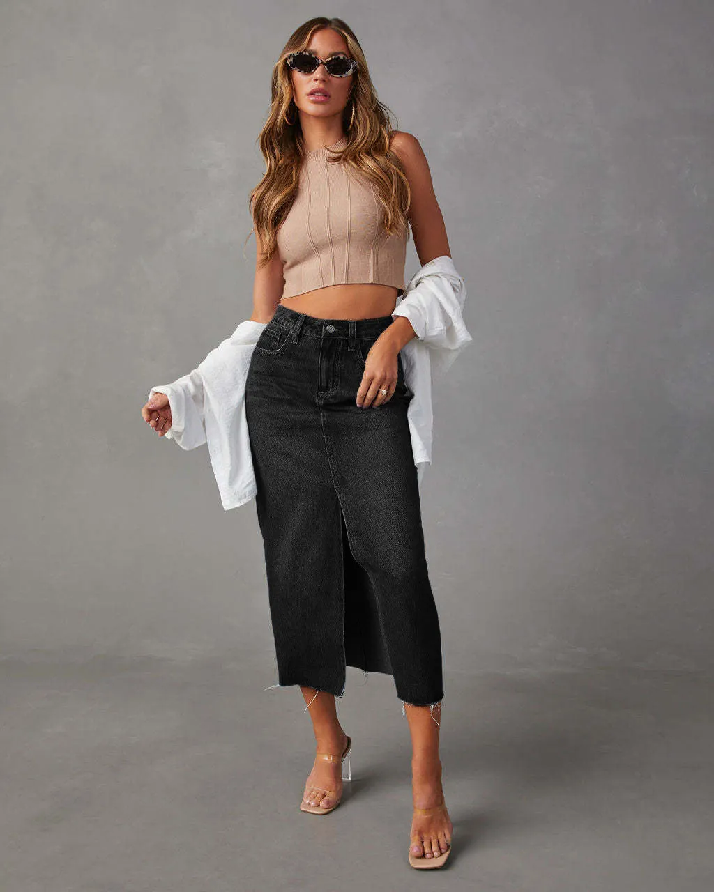 Fashion Slit Regular High Waist Type H Solid Color Bottoms