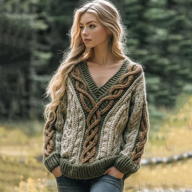 Vintage Irish Celtic Chunky Knit Cozy Warm V Neck Sweater