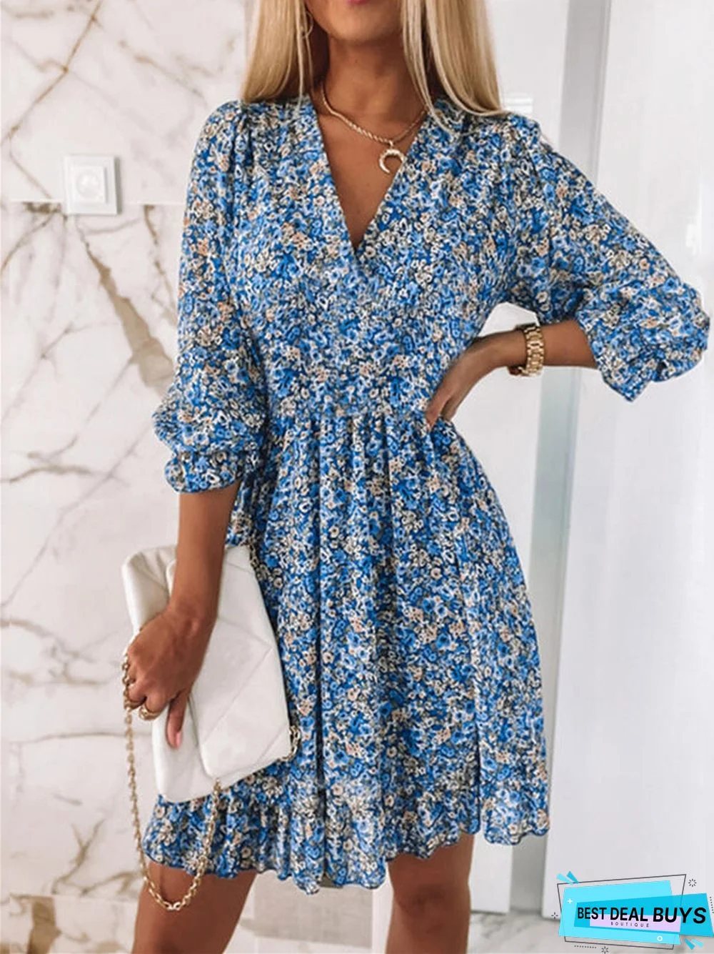 Waist Pullover Bohemian Print Short Sleeve Floral Dress