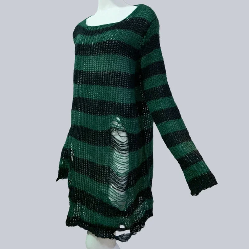 Plus Size Punk Gothic Long Unisex Sweater Dress Women Man Striped Cool Hollow Out Hole Broken Jumper Loose Rock Thin Sweter 2021
