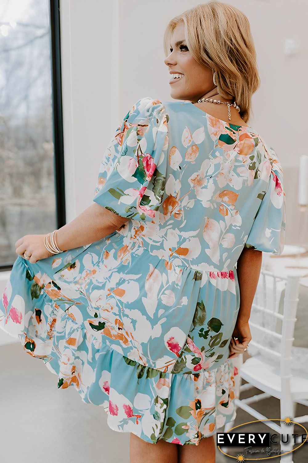 Sky Blue Floral Print Ruffled Puff Sleeve Plus Size Mini Dress