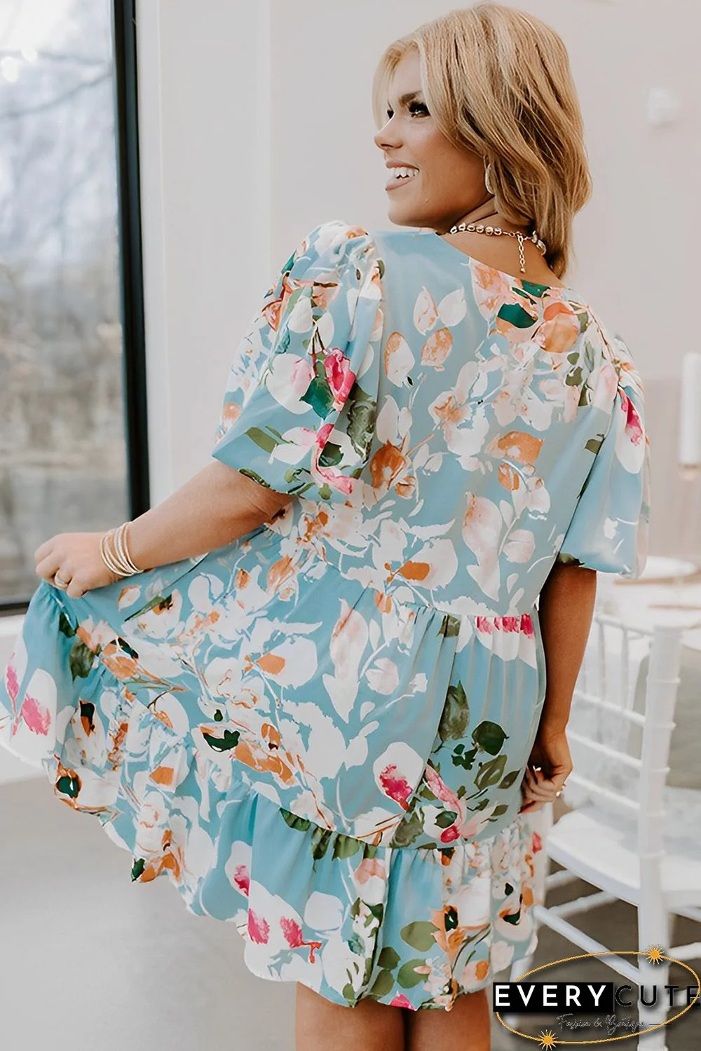 Sky Blue Floral Print Ruffled Puff Sleeve Plus Size Mini Dress