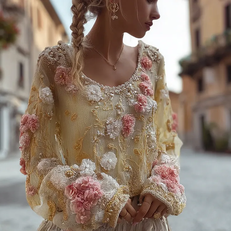 Bohemian Style Plant And Flower Embroidery Women's Round Neck Long Sleeve Cotton And Linen Top