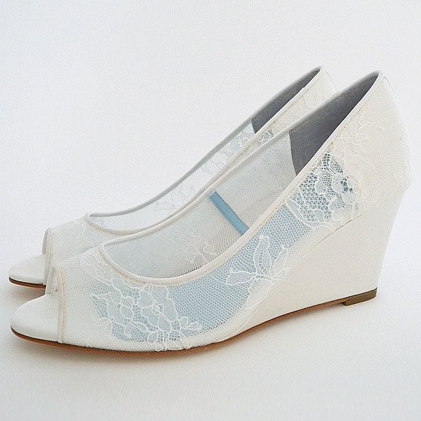 White Wedding Shoes Peep Toe Lace Heels Wedge Pumps |FSJ Shoes